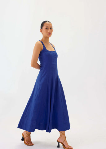 Linen Blue Square-Neck Flare Midi Dress