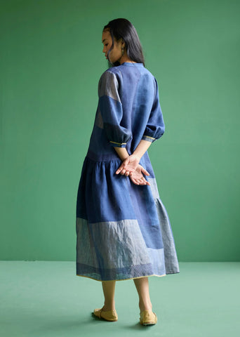 Nura Metallic Linen Paneled Dress- Navy