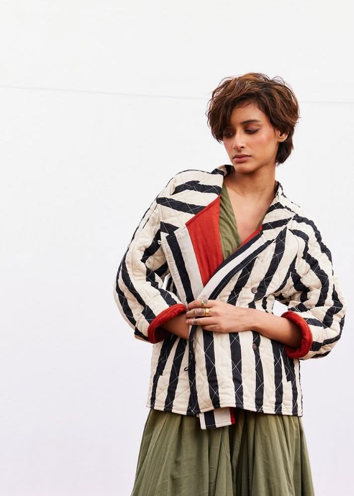 A Model Wearing Multicolor,Pure Cotton Jade Jacket curated by Only Ethikal