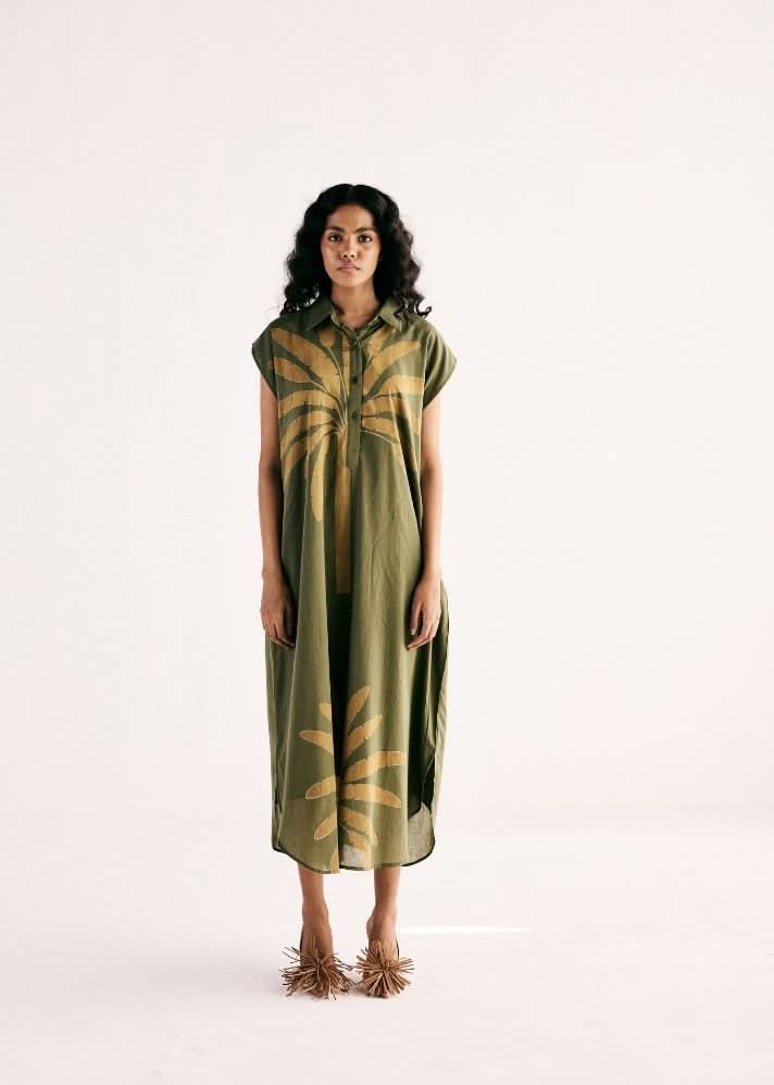 A Model Wearing Multicolor,Cotton Mul Olive Palm Shirt,Dress curated by Only Ethikal