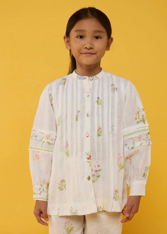 Kids Akavi Pleated Floral Linen Co-Ord Set- White