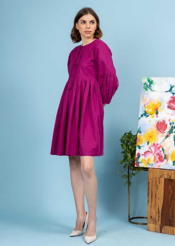 A Model Wearing Pink Hemp Magenta Mid Summer Dress, curated by Only Ethikal