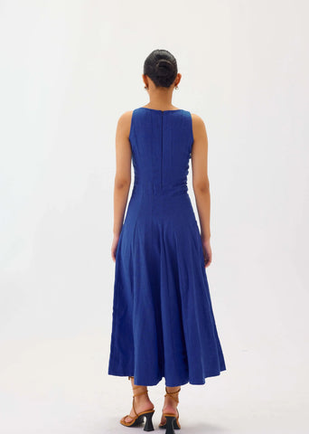 Linen Blue Square-Neck Flare Midi Dress