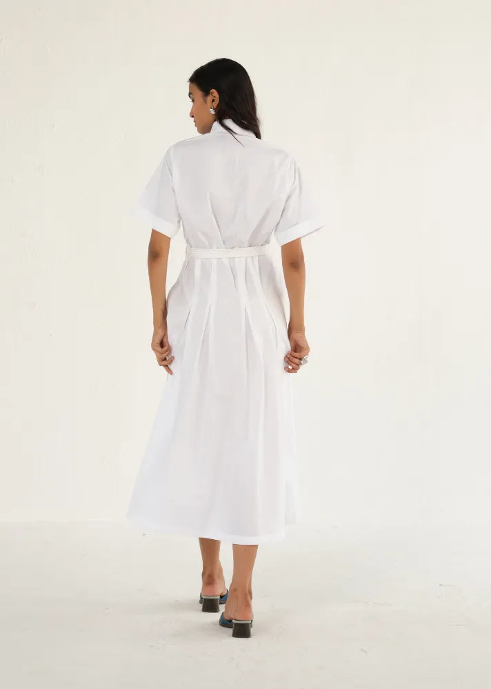 A Model Wearing White Poplin White Poplin Shirt Dress With Top Stitch, curated by Only Ethikal