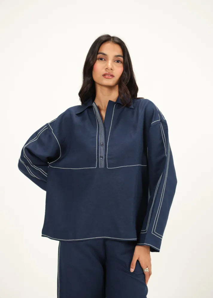 A Model Wearing Navy Blue Linen Blue Linen Top Stitch Detail Top , curated by Only Ethikal