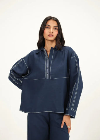 A Model Wearing Navy Blue Linen Blue Linen Top Stitch Detail Top , curated by Only Ethikal