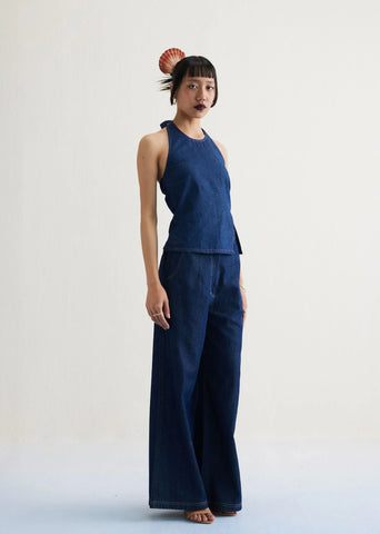 A Model Wearing Blue Cotton Denim Deepwater Denim Halter Blue Top, curated by Only Ethikal