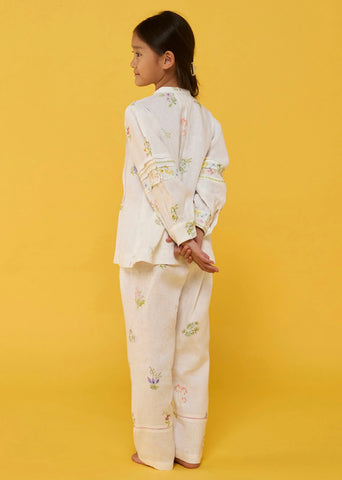Kids Akavi Pleated Floral Linen Co-Ord Set- White