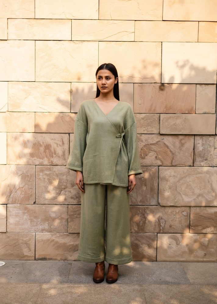 A Model Wearing Green Wool Pansy Set- Green, curated by Only Ethikal