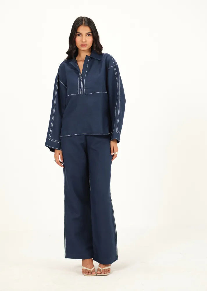 A Model Wearing Navy Blue Linen Blue Linen Top Stitch Detail Top , curated by Only Ethikal