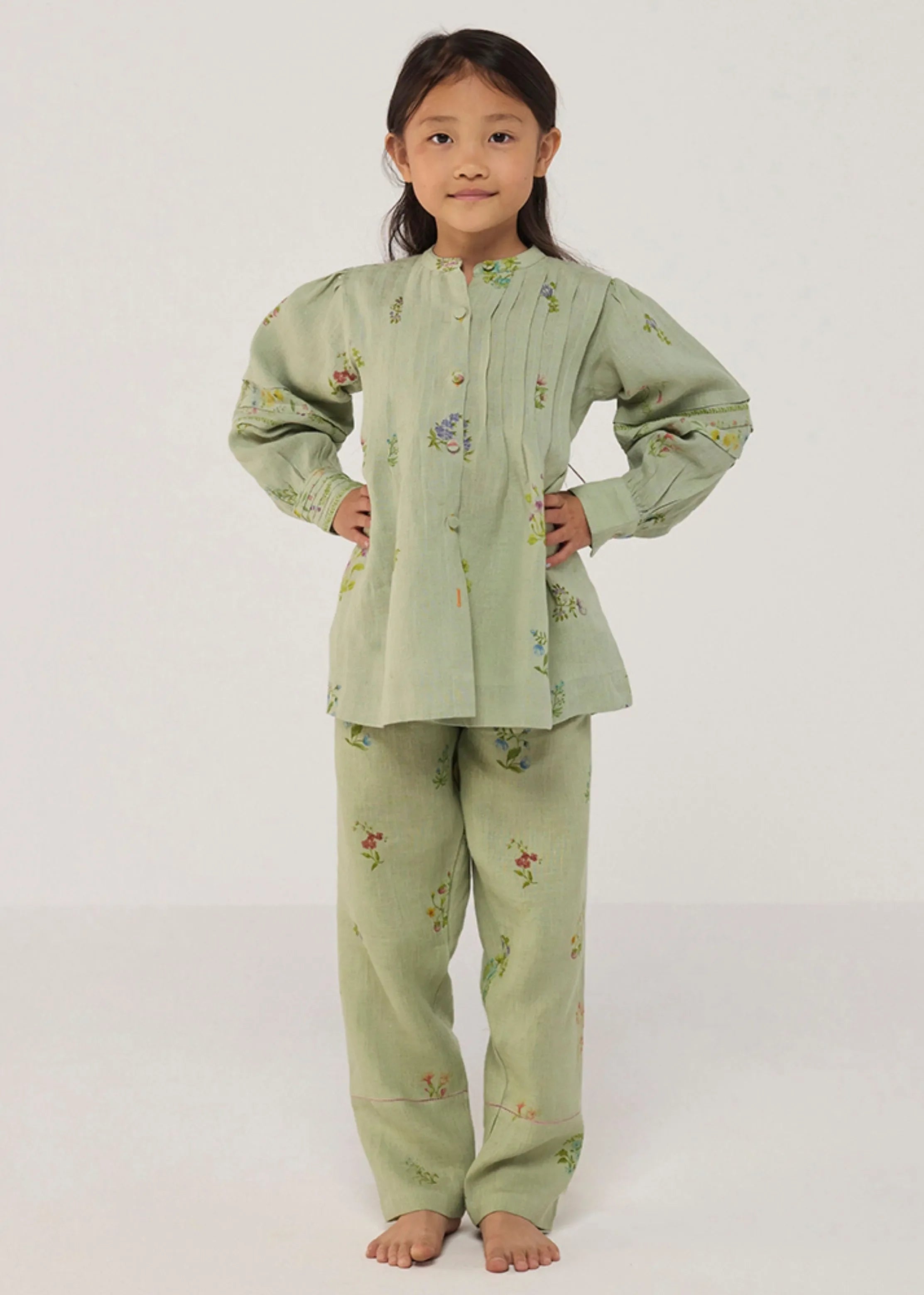 A Model Wearing Mint Linen Kids Akavi Pleated Floral Linen Shirt- Mint, curated by Only Ethikal