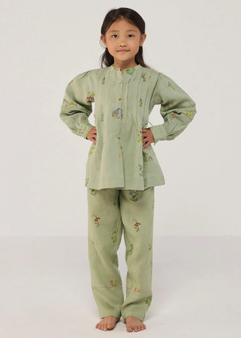 A Model Wearing Mint Linen Kids Akavi Pleated Floral Linen Shirt- Mint, curated by Only Ethikal