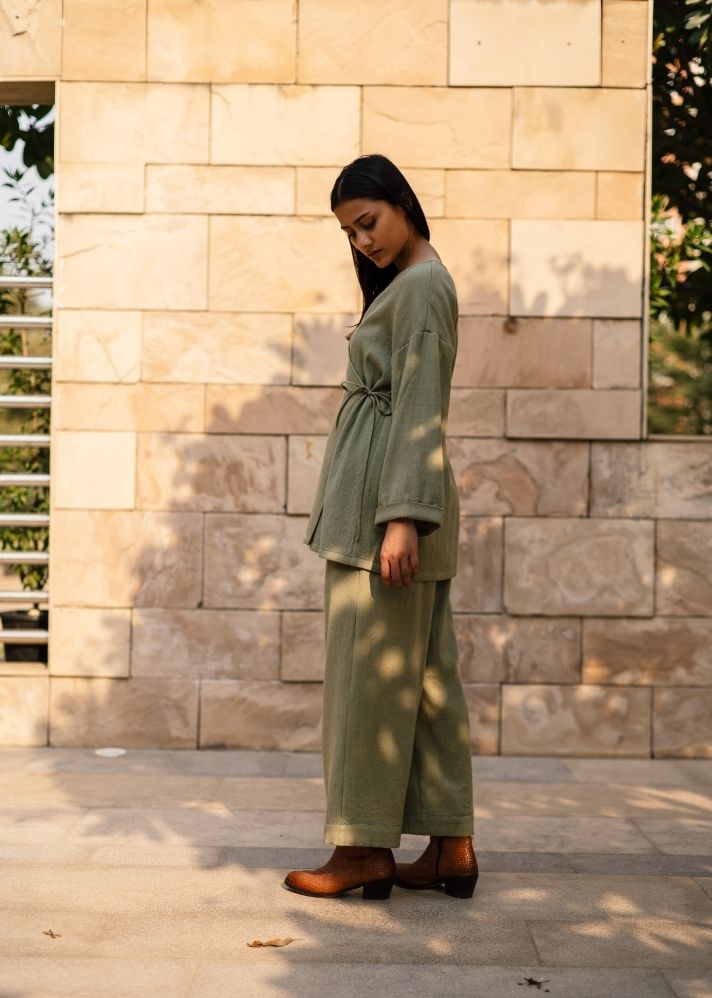 A Model Wearing Green Wool Pansy Set- Green, curated by Only Ethikal
