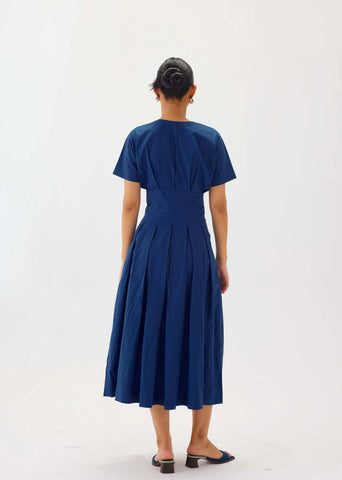 Poplin Blue V-Neck Box Pleat Midi Dress