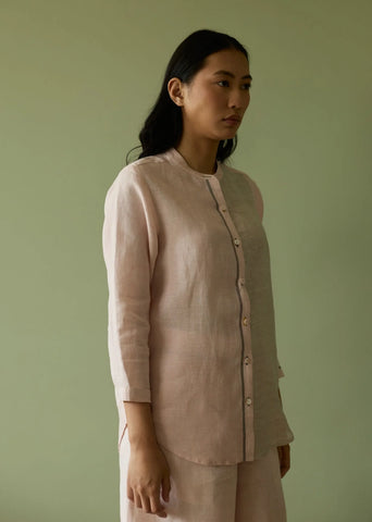 Aline Mandarin Collar Border Linen Shirt- Blush