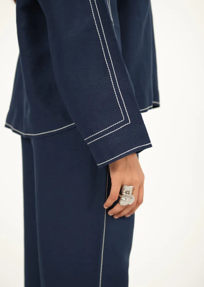 A Model Wearing Navy Blue Linen Blue Linen Top Stitch Detail Top , curated by Only Ethikal