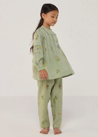 Kids Akavi Pleated Floral Linen Co-Ord Set- Mint