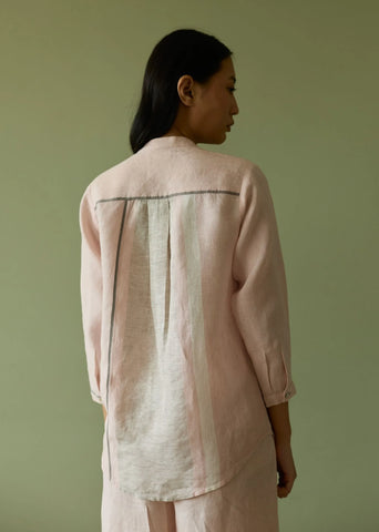 Aline Mandarin Collar Border Linen Shirt- Blush
