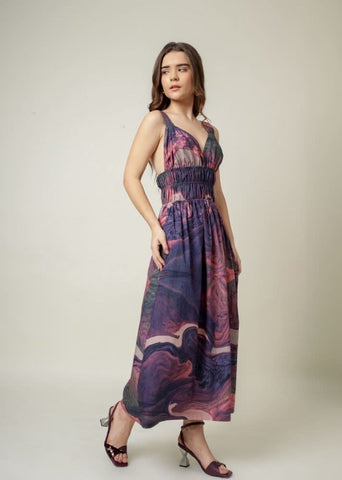 A Model Wearing Multicolor Upcycled Cotton August Printed Dress, curated by Only Ethikal