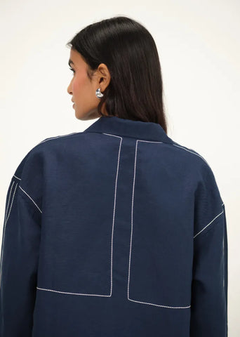 A Model Wearing Navy Blue Linen Blue Linen Top Stitch Detail Top , curated by Only Ethikal