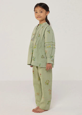 Kids Akavi Pleated Floral Linen Shirt- Mint