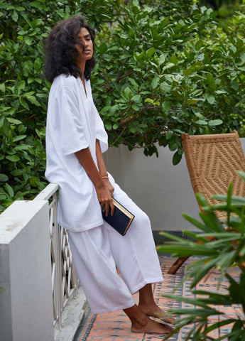 Woman wearing White Pure Cotton Moonshine Co-ord Set,by Kharakapas curated by Only Ethikal