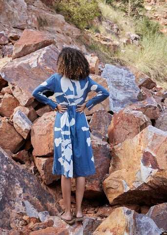A Model Wearing Blue Pure Cotton Distant Cloud Dress curated by Only Ethikal