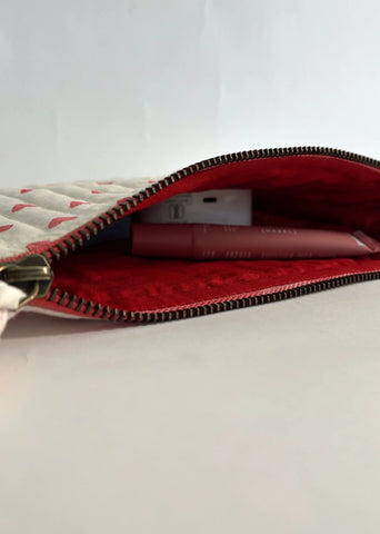 Sustainable Quilted Cotton Travel Pouch Flat Frill- Organizer- Red Hearts On White