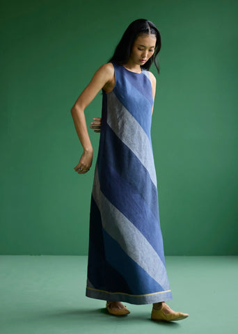 Akito Bias Linen Stripe Dress- Navy