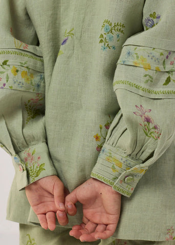 Kids Akavi Pleated Floral Linen Co-Ord Set- Mint