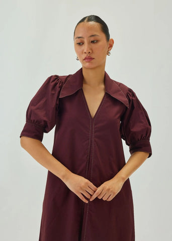 Poplin Maroon Point Collar A-Line Midi Dress