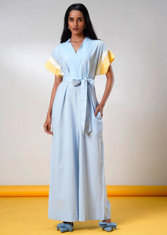 A Model Wearing Multicolor Handloom Cotton  Blue Kaito Handloom Cotton Jumpsuit , curated by Only Ethikal