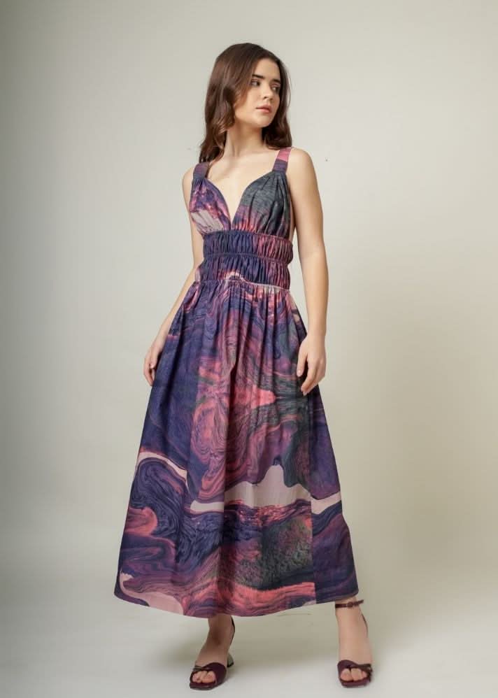 A Model Wearing Multicolor Upcycled Cotton August Printed Dress, curated by Only Ethikal