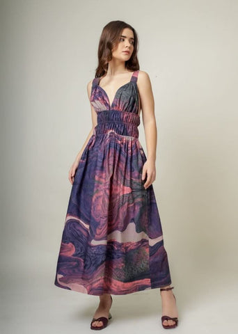A Model Wearing Multicolor Upcycled Cotton August Printed Dress, curated by Only Ethikal