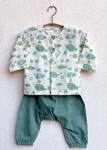 Unisex Organic Koi Bag- Koi Mint And White Kurta & Mint Pants
