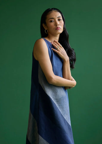 Akito Bias Linen Stripe Dress- Navy