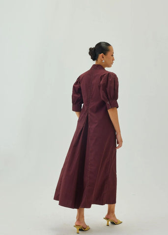 Poplin Maroon Point Collar A-Line Midi Dress