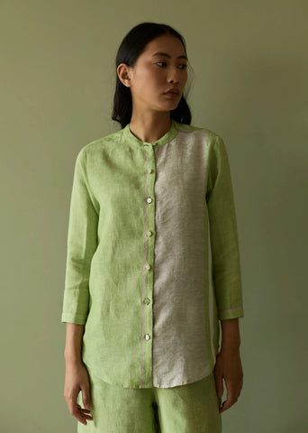 Aline Mandarin Collar Border Linen Shirt- Meadow