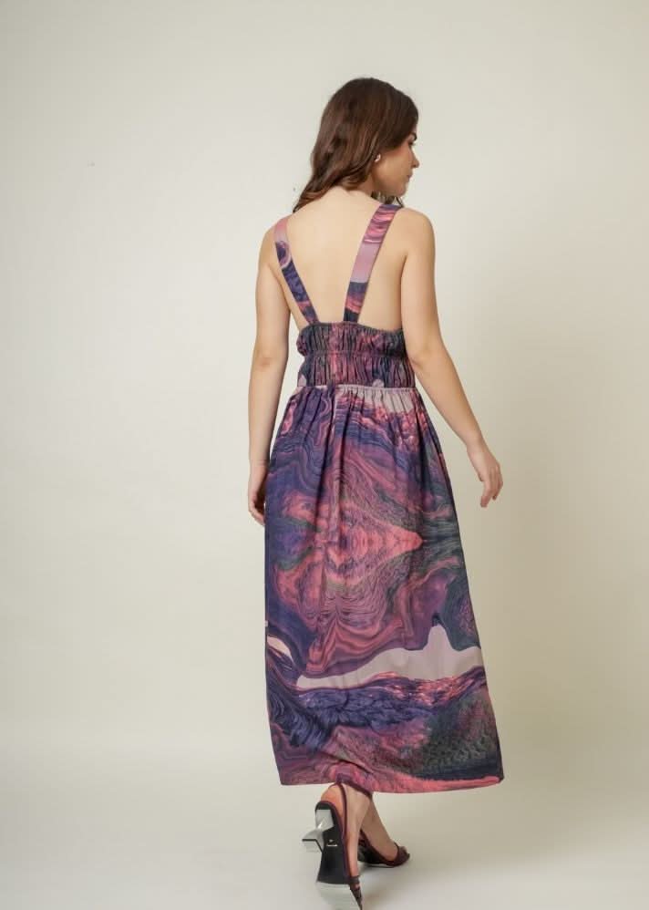 A Model Wearing Multicolor Upcycled Cotton August Printed Dress, curated by Only Ethikal