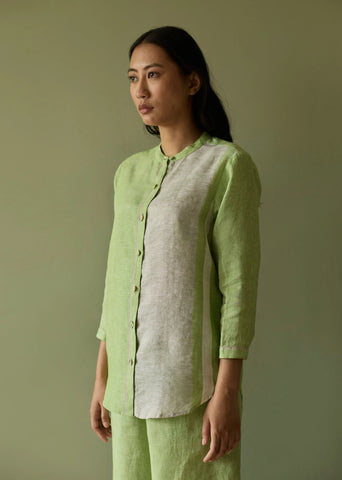 Aline Mandarin Collar Border Linen Shirt- Meadow