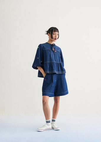 A Model Wearing Blue Cotton Denim Deep Sea Sustainable Denim Blue Top, curated by Only Ethikal