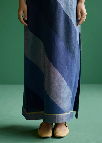 Akito Bias Linen Stripe Dress- Navy