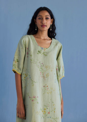 Nami Floral Printed Linen Dress - Mint