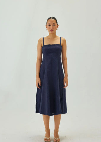 Linen Indigo Dress With Square Neckline