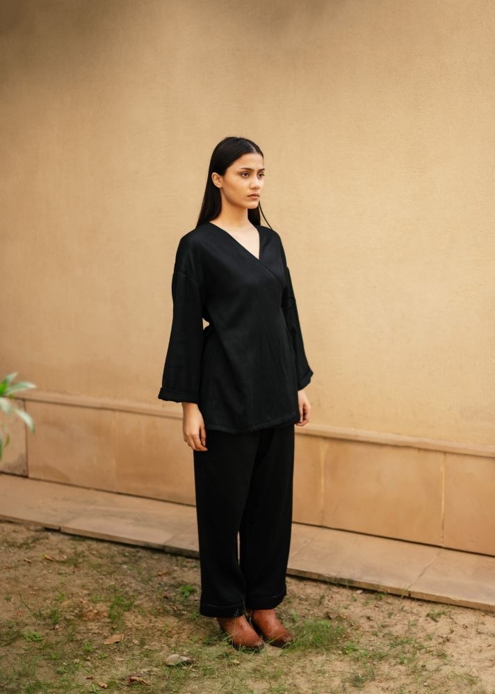 A Model Wearing Black Wool Pansy Set- Black , curated by Only Ethikal