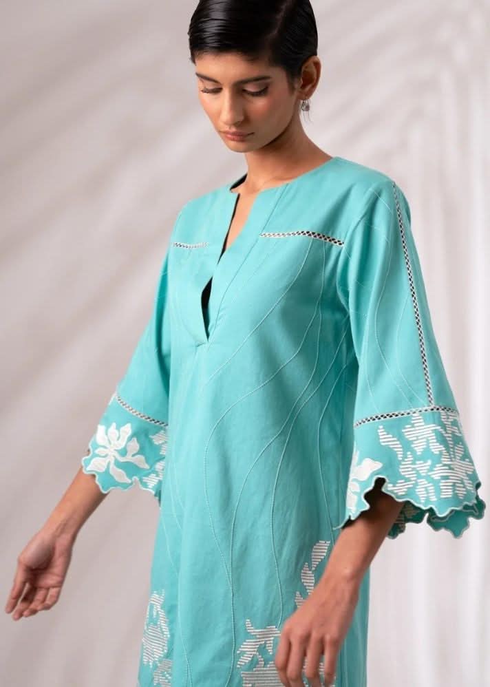 A Model Wearing Blue Cotton Twill Mason Short Dress, curated by Only Ethikal