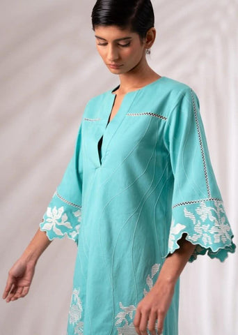 A Model Wearing Blue Cotton Twill Mason Short Dress, curated by Only Ethikal