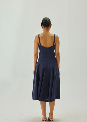 Linen Indigo Dress With Square Neckline