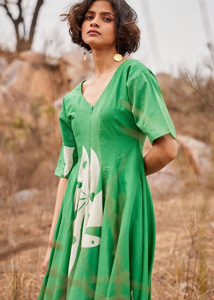 A Model Wearing Green Cotton Mul Dianthus curated by Only Ethikal