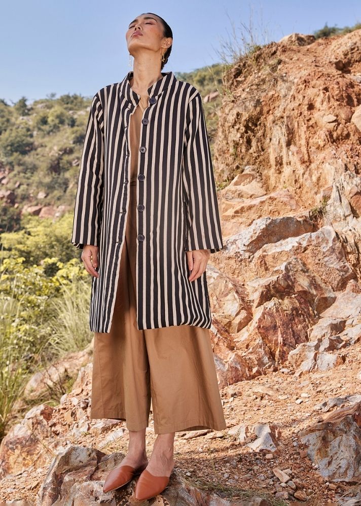 A Model Wearing Multicolor,Pure Cotton Illusion Jacket curated by Only Ethikal